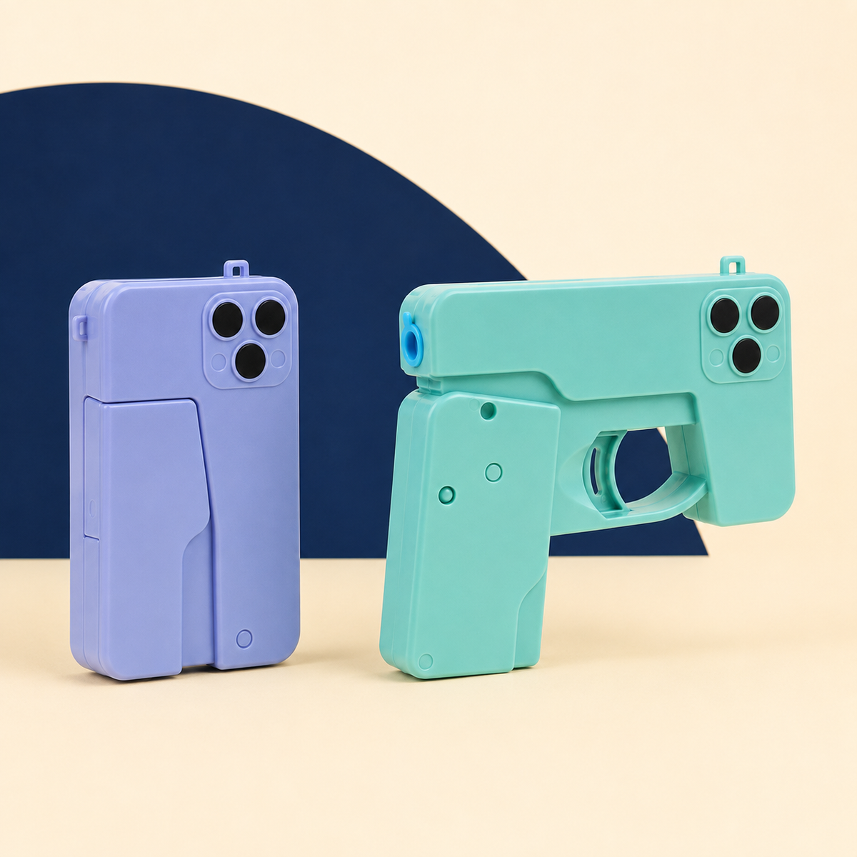 Foldable phone-shaped water gun shown folded and unfolded