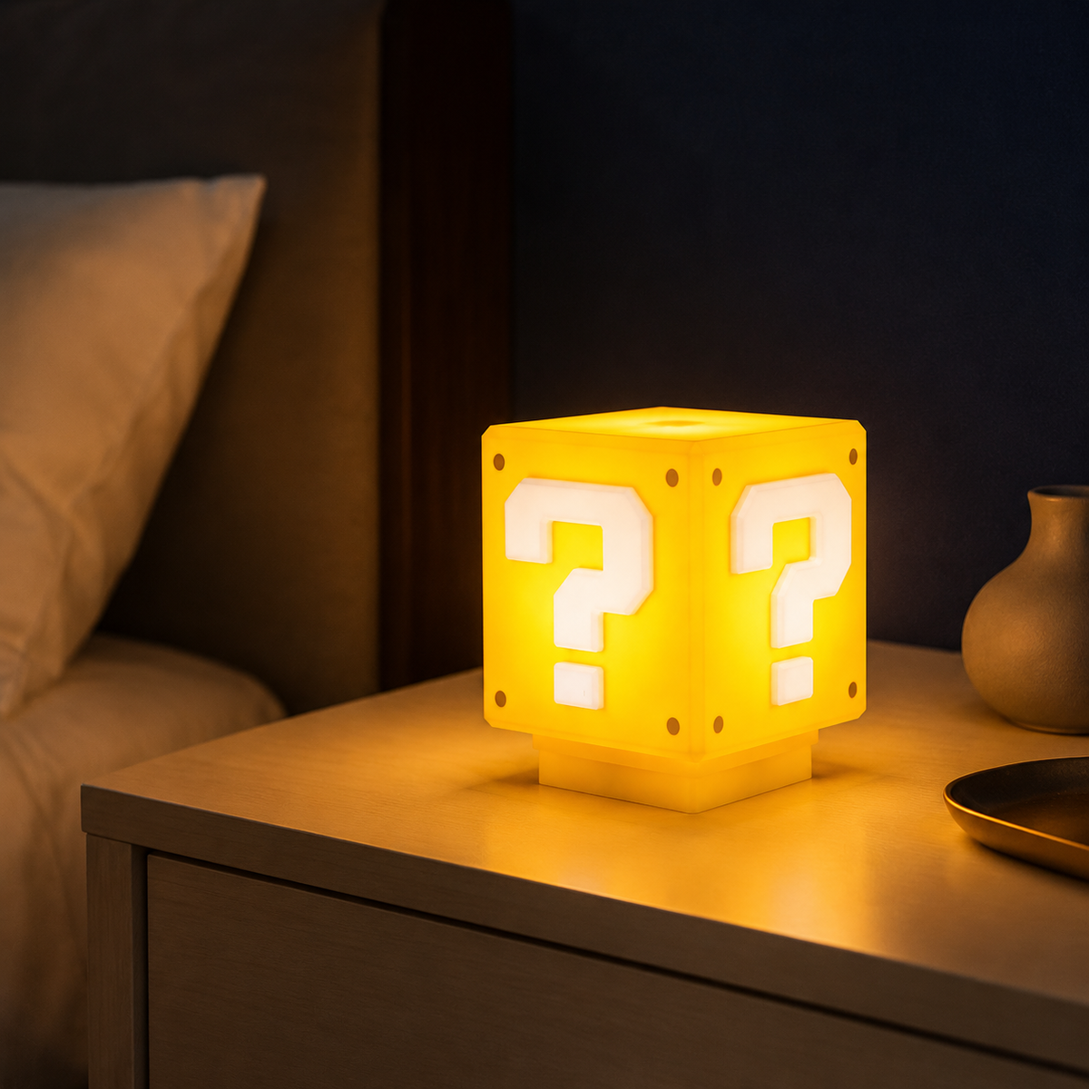 A glowing yellow cube night light with white question marks, styled on a wooden bedside table next to a bed in a dimly lit bedroom.