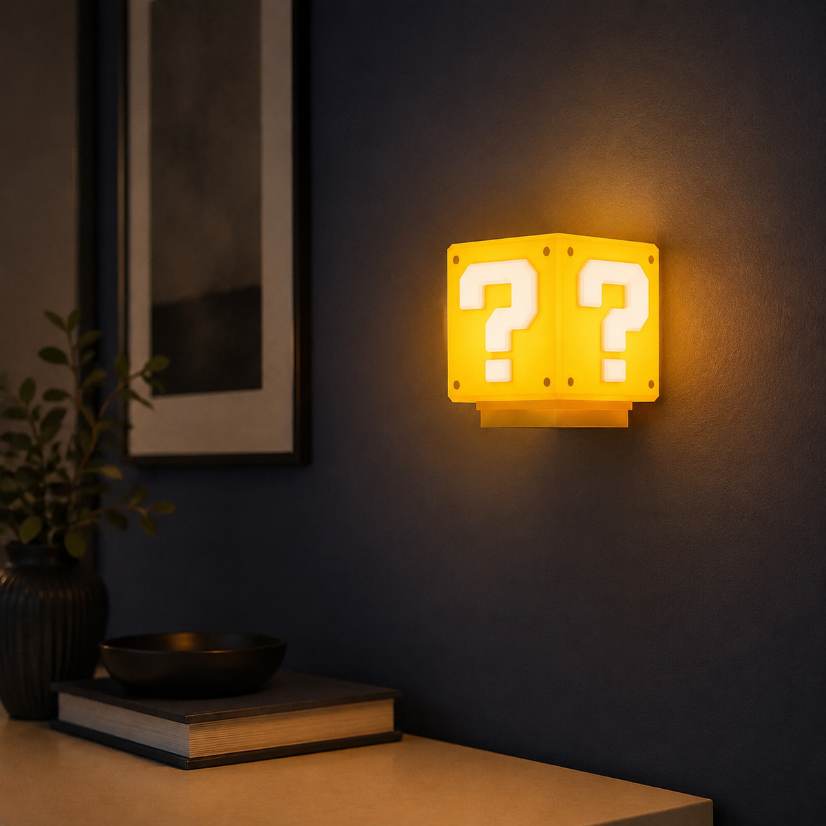 A glowing yellow wall light shaped like a retro video game question-block box with two white question marks, mounted on a dark blue wall above a tabletop with books and a plant.