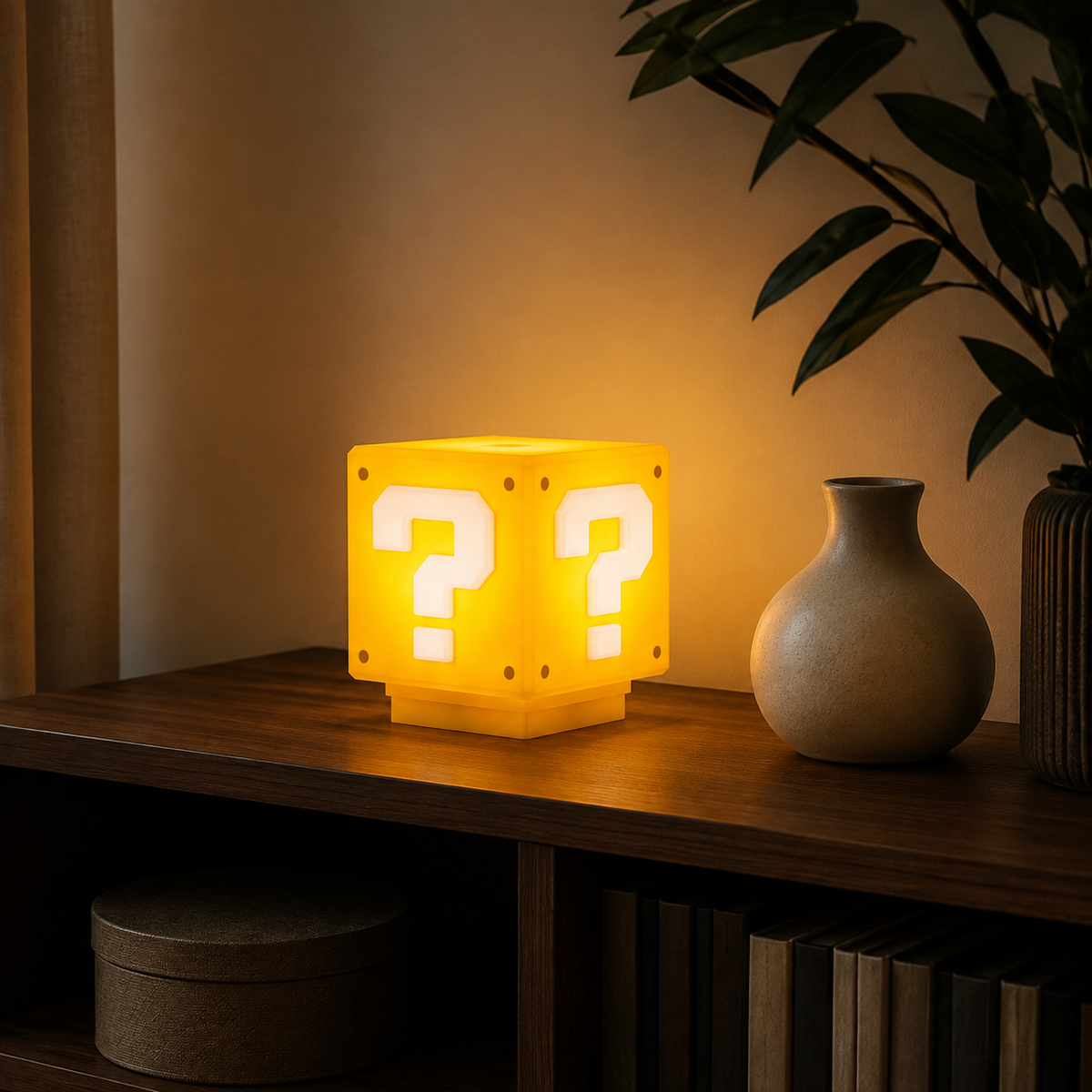 A glowing cube-shaped lamp with white question marks on two sides, styled on a wooden shelf beside a ceramic vase and plant leaves against a warm beige wall.
