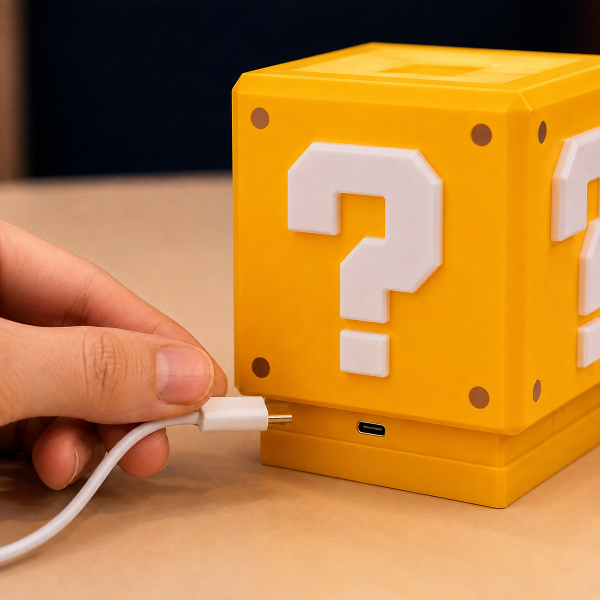 A close-up of a yellow cube-shaped USB light styled like a game block, with a hand plugging in a white USB charging cable. The cube features a white question mark and small brown dot details.