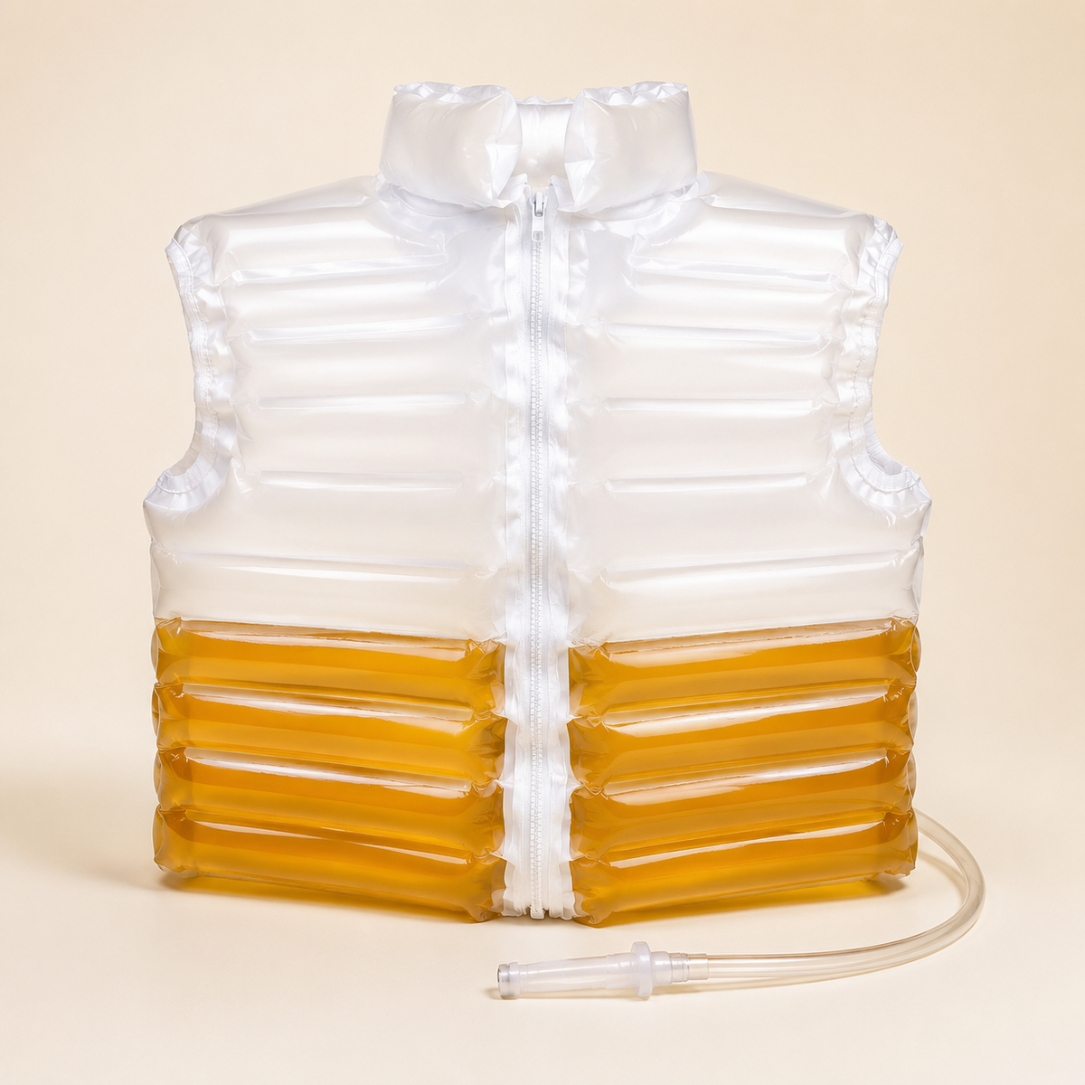 An inflatable vest-shaped air pump or pump reservoir with a white upper section and an amber-yellow lower section, featuring a central zipper and a clear connecting tube on a beige background.