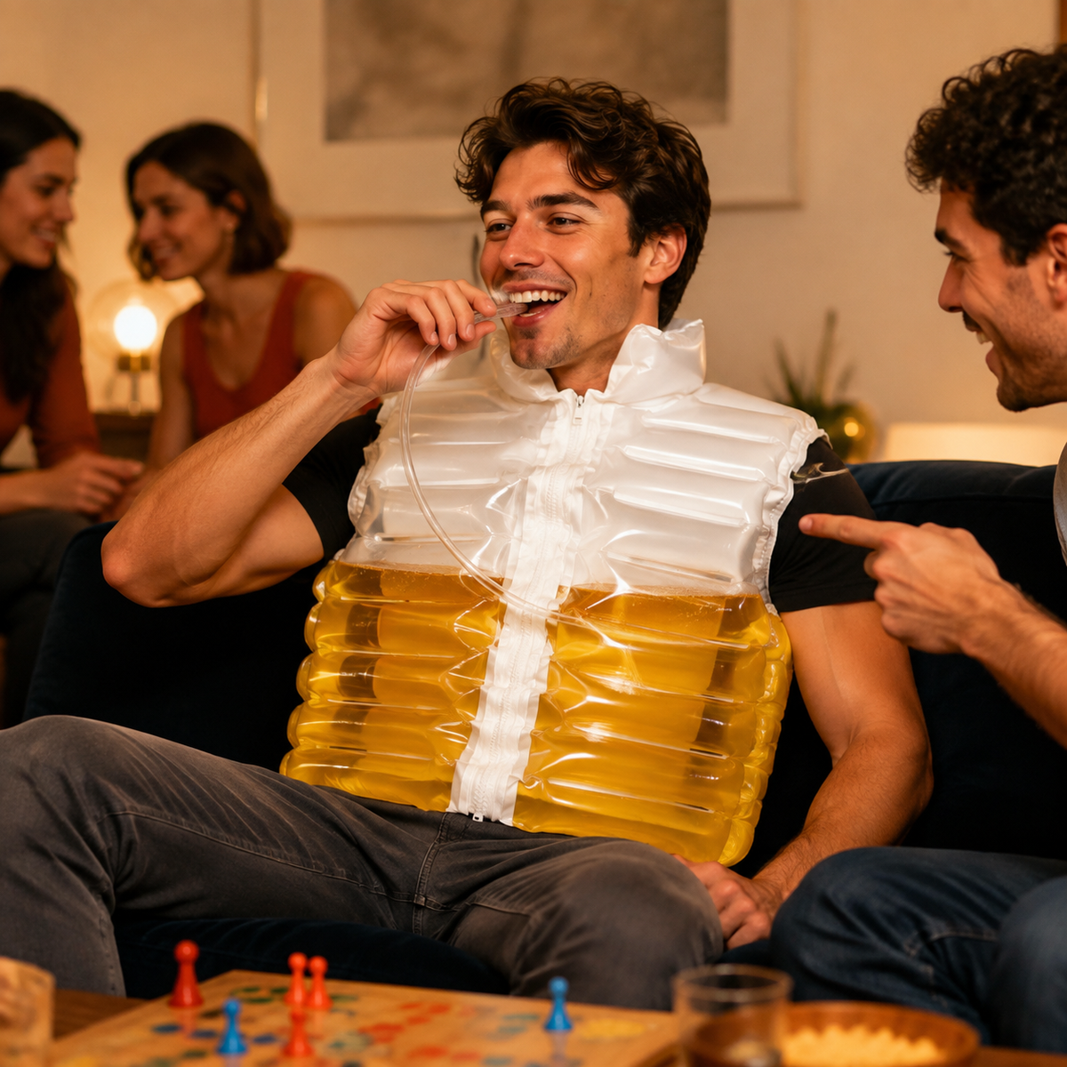 A man sitting on a couch wearing an inflatable beer-tumbler-style chest rig filled with yellow liquid and white inflatable collar details, while laughing and pointing at the product in a cozy living room setting.