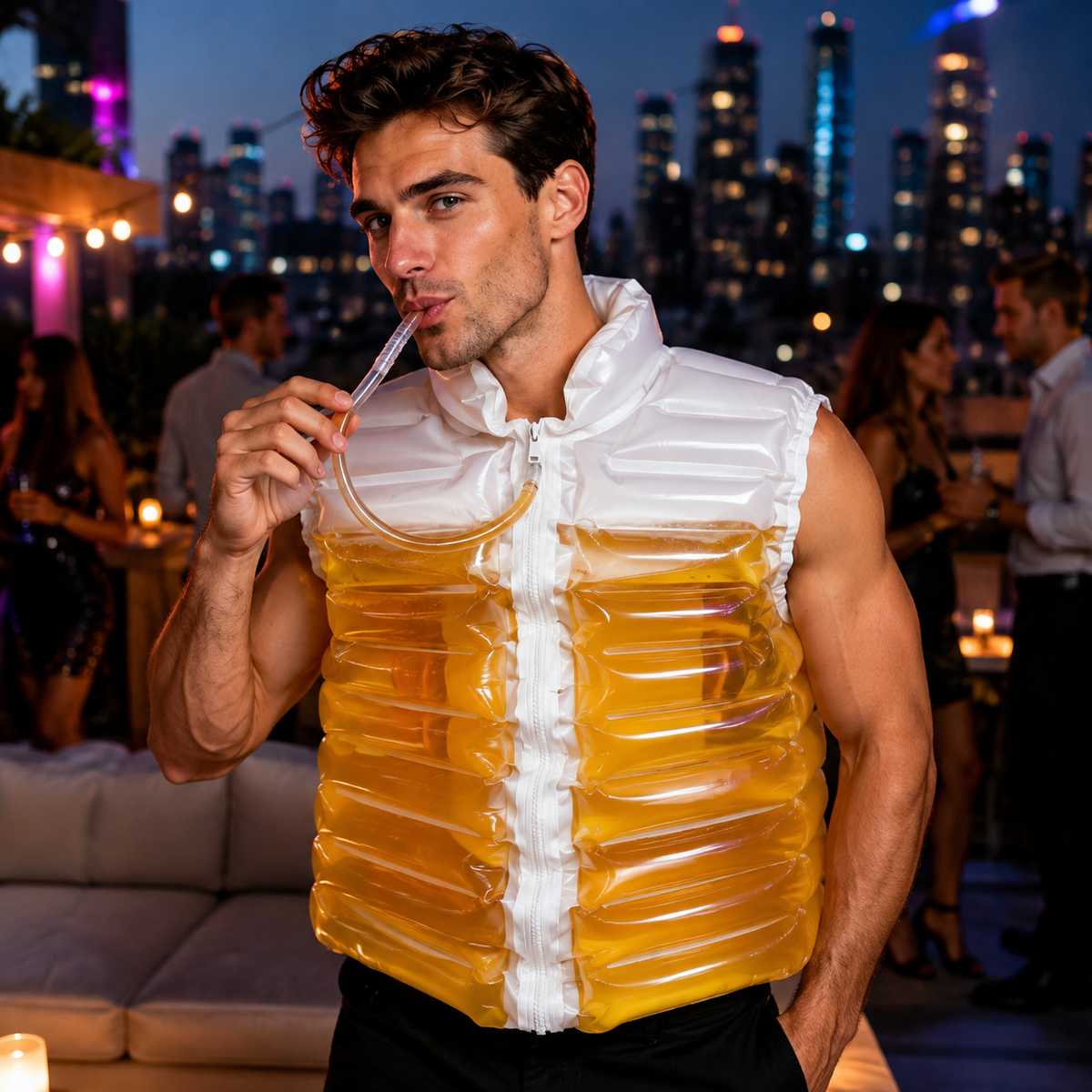 A man wearing a novelty inflatable beer-bottle-style vest with a white collar and zipper trim, drinking from a straw, set against a blurred city rooftop background at night.