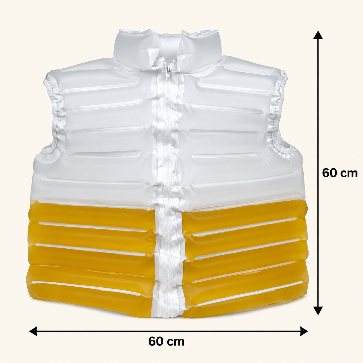 An inflatable pool float vest shown on a plain light beige background, with black dimension arrows and labels indicating 60 cm width and 60 cm height.