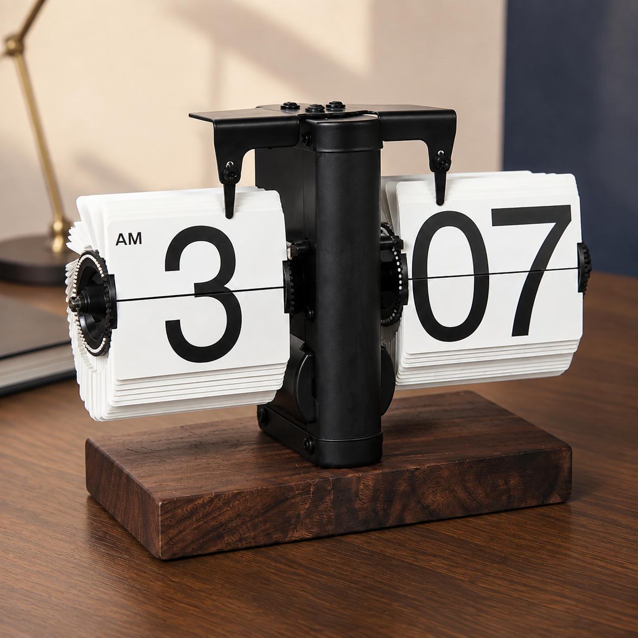 A modern flip clock with white rotating blocks showing AM 3 and 07 on a dark wood base, photographed on a wooden desk in an indoor setting.