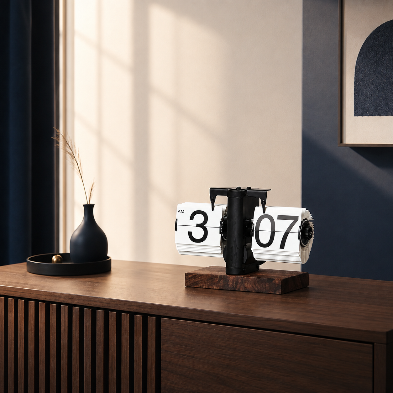 A modern flip clock with white翻页 plates and black numerals sits on a dark wood console table in a styled interior setting with a vase and wall art.