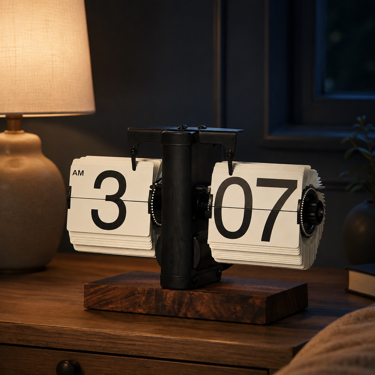 A vintage-style flip clock with black numerals on white rotating cards, mounted on a dark wooden base, shown on a wooden table in a dimly lit room next to a lit lamp.