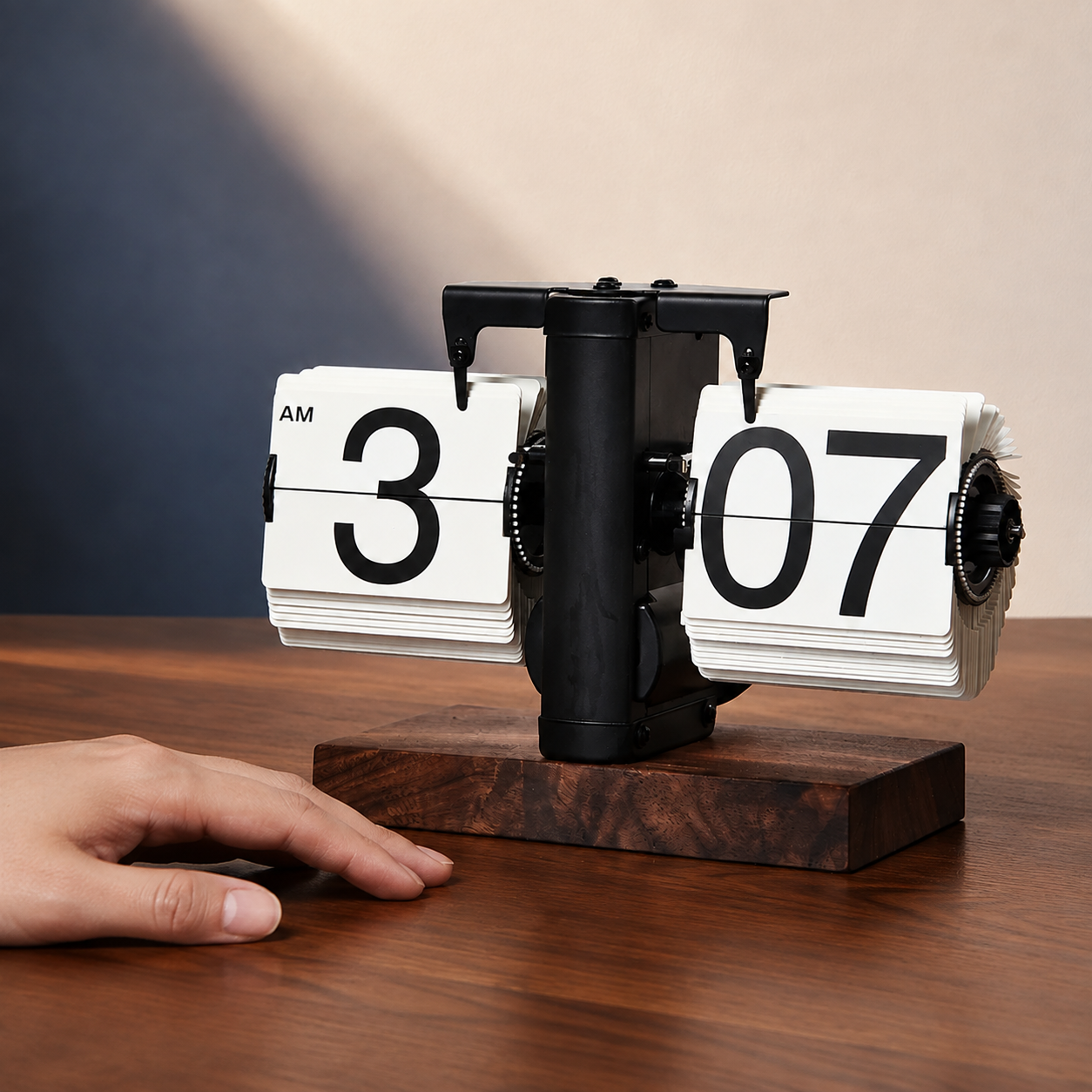A mechanical flip-flap clock with white pages, black numerals, and a dark wood base sits on a wooden table. A person's hand is visible at the bottom left, and the background is a split beige and dark gray wall.