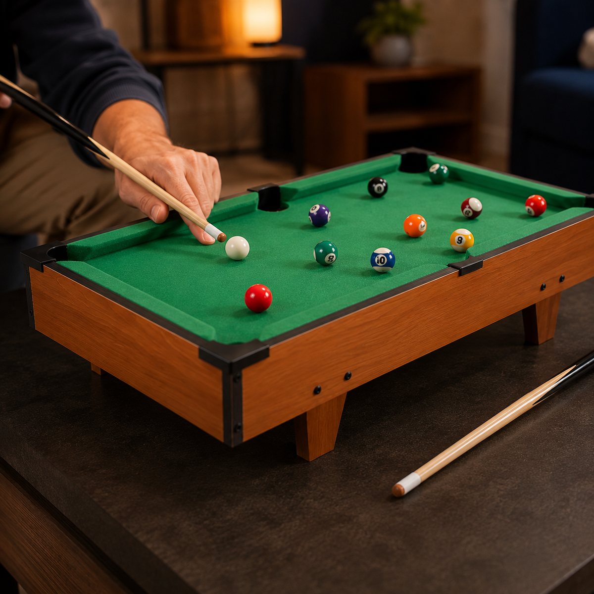A miniature pool table set on a dark table in a cozy living room, with a person's hand holding a cue stick about to strike a white cue ball. The table has a green felt surface, a warm brown wood frame, and colorful billiard balls, with another cue stick resting nearby.