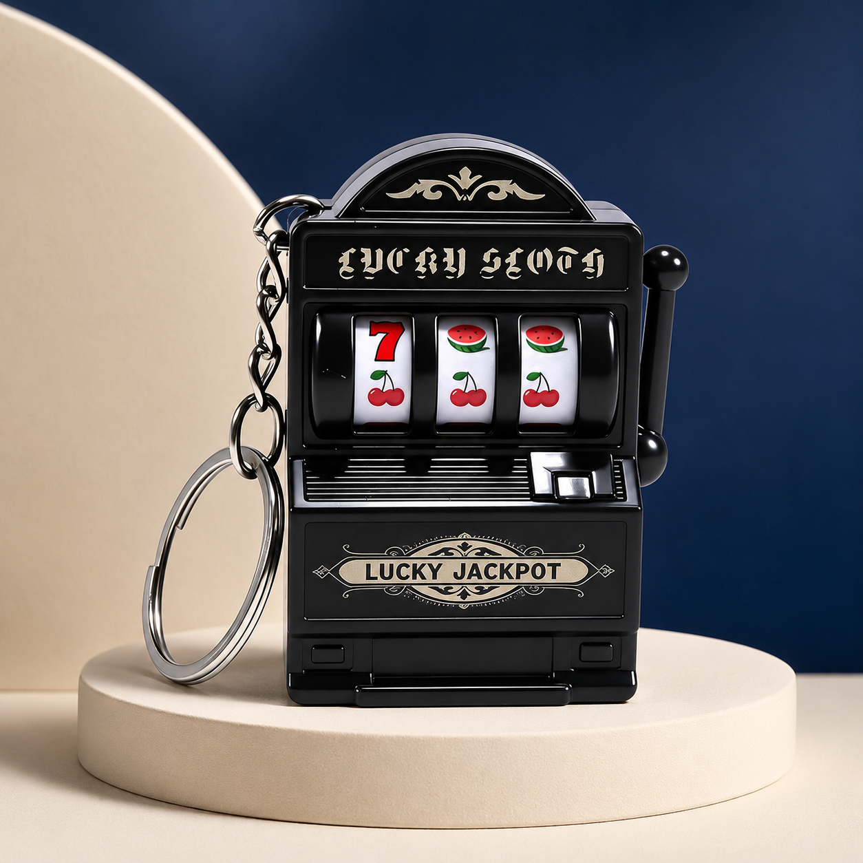 Black mini slot machine keychain, front three-quarter view