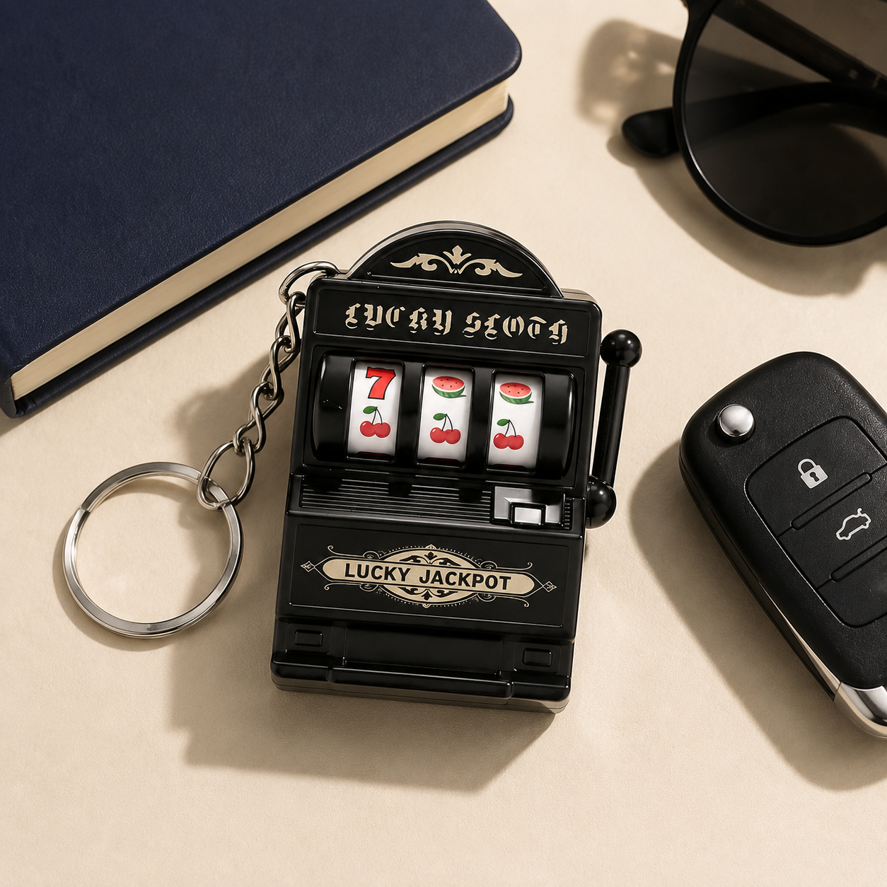 Mini slot machine keychain displayed on a desk