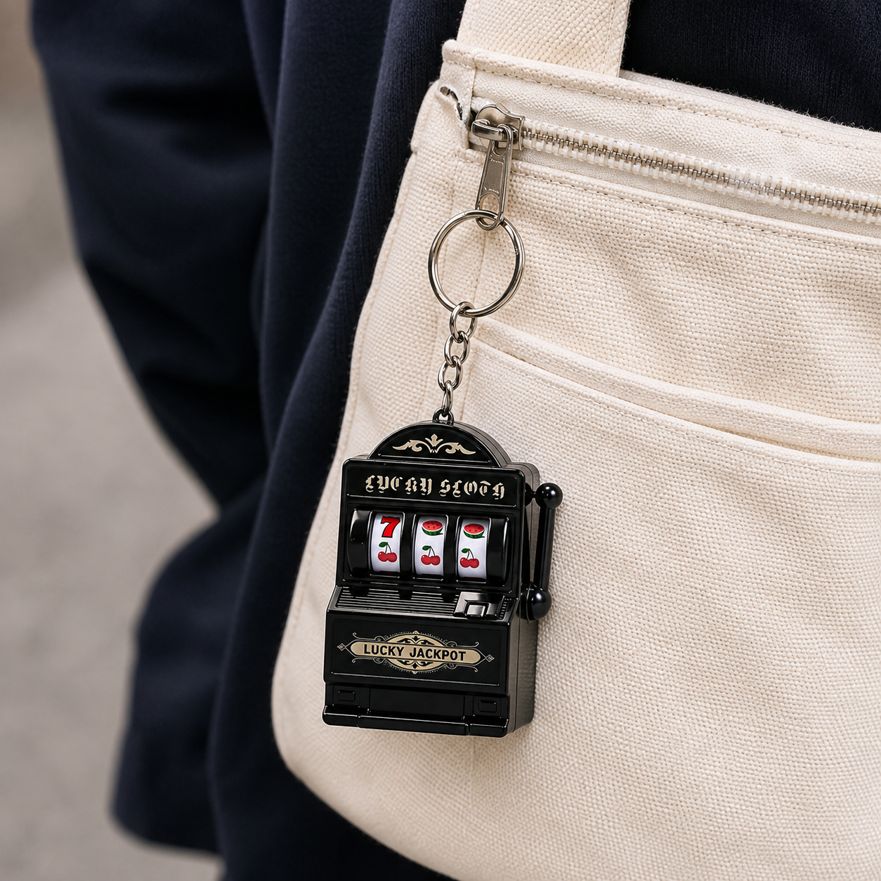 Black slot machine keychain clipped to a bag