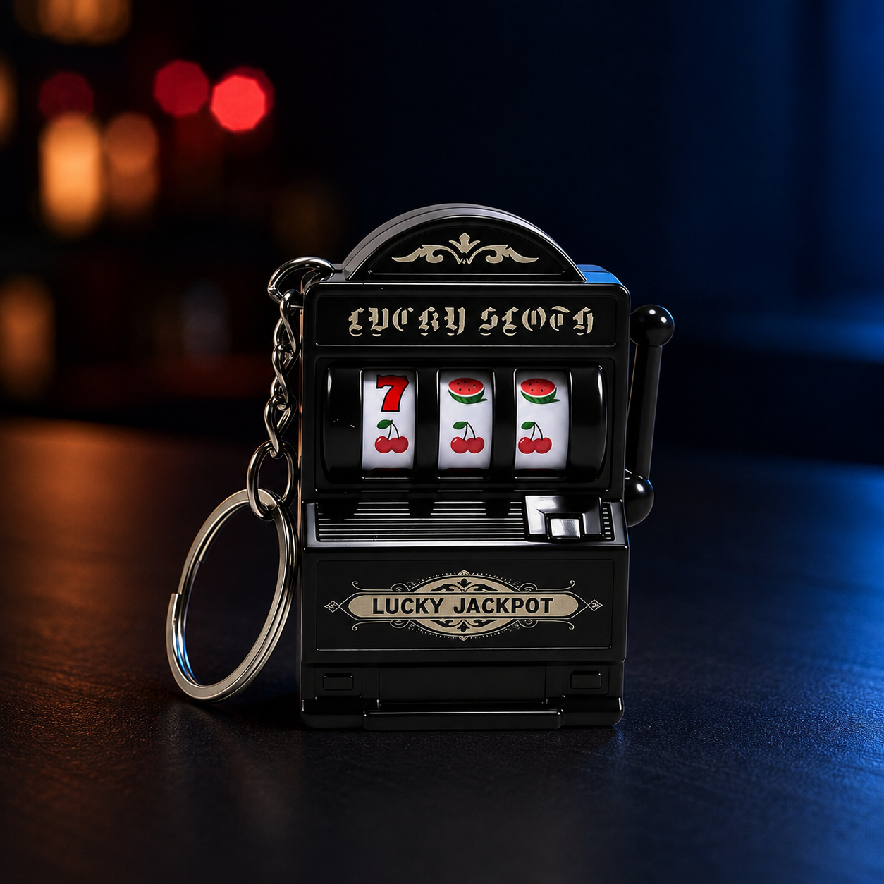 Mini slot machine keychain in a dark evening setting