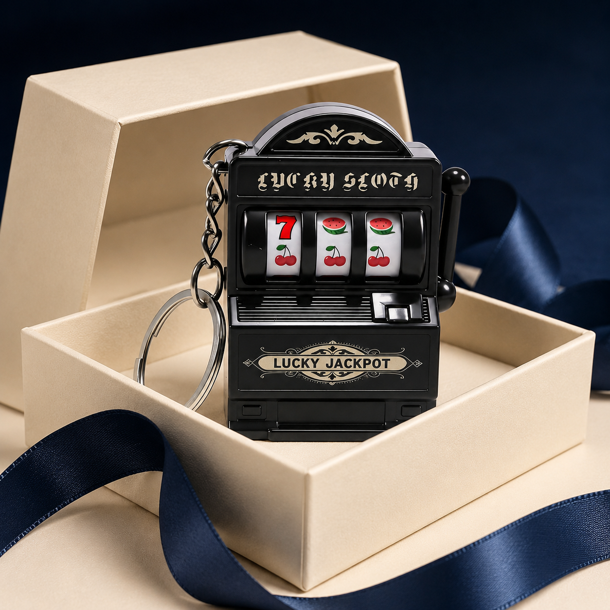 Mini slot machine keychain presented as a small gift
