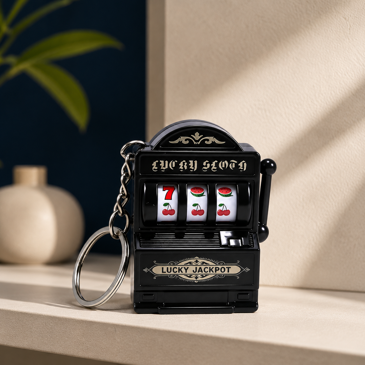 Black slot machine keychain displayed on a shelf