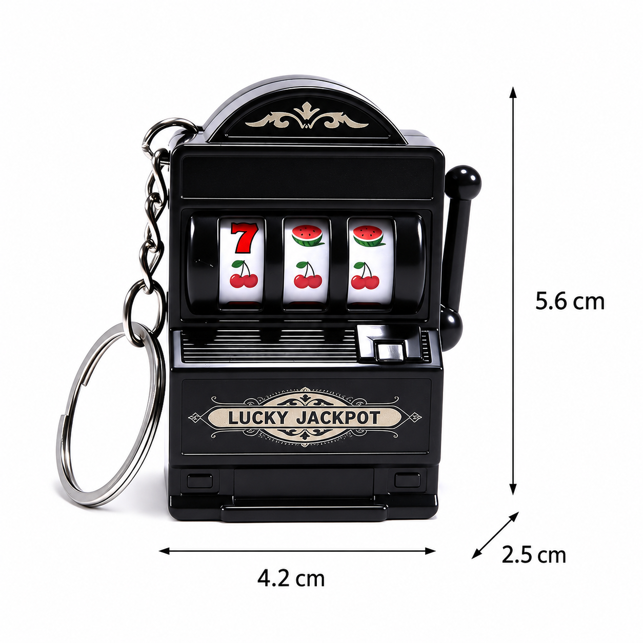 Mini slot machine keychain dimensions: 4.2 by 2.5 by 5.6 centimetres