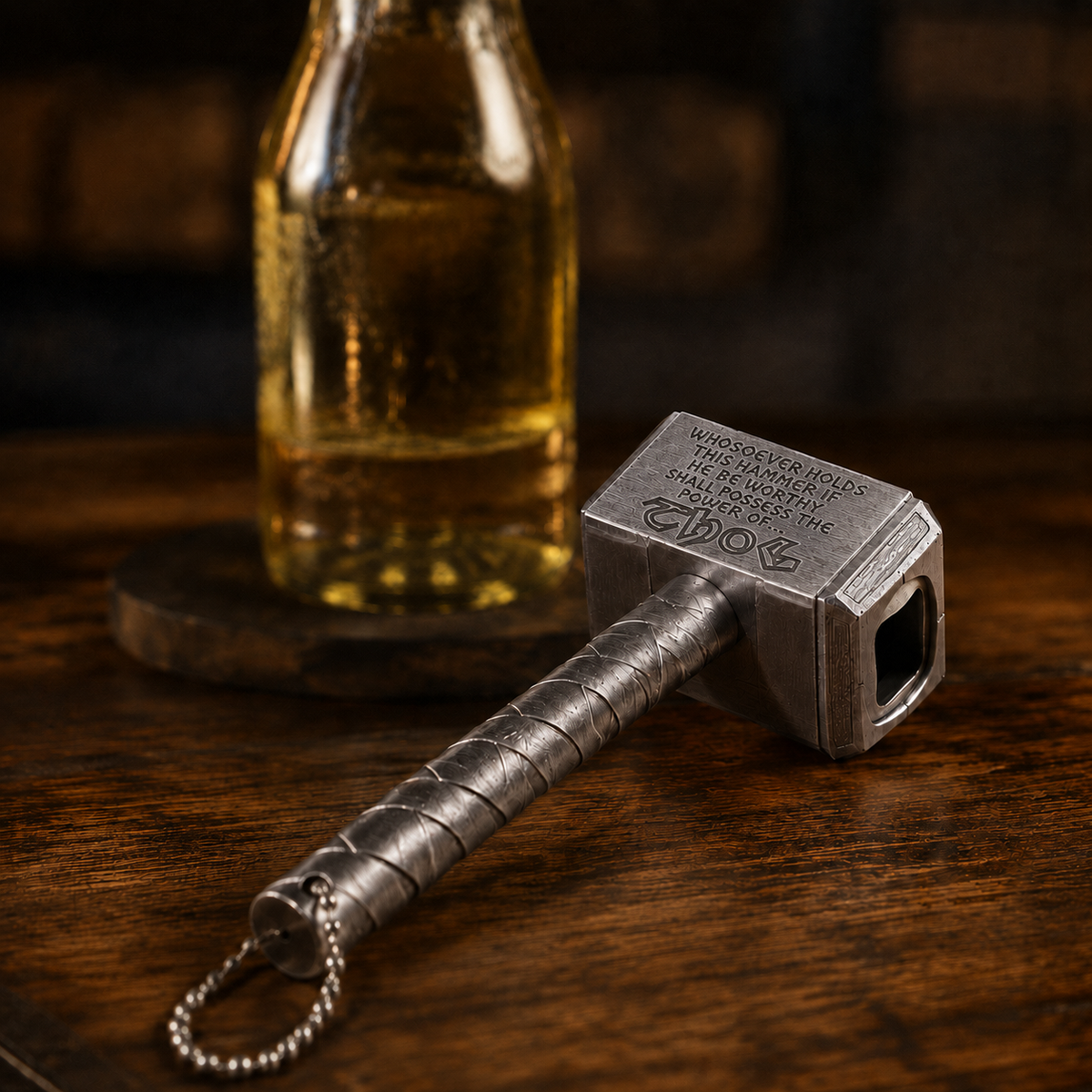 A metallic hammer-shaped bottle opener, resting on a dark wooden table with a blurred beer bottle in the background.