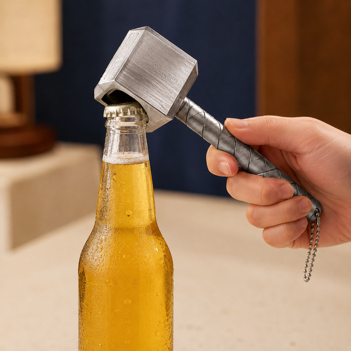 A hand holding a silver and gray hammer-shaped bottle opener trying to open a glass beer bottle with condensation, set against a softly blurred indoor background.